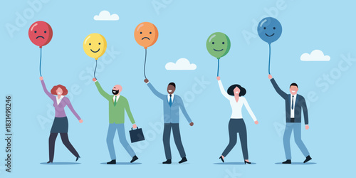 Diverse group of business people holding balloons with different facial expressions