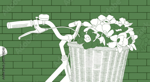 A charming vintage bicycle with a wicker basket full of fresh spring flowers rests against a vibrant green brick wall.