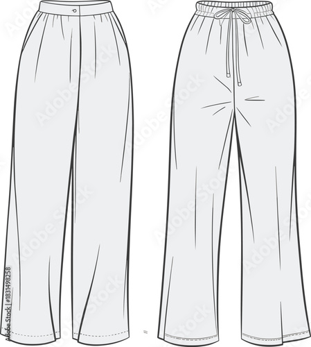 Women’s wide leg pants, drawstring waist, fashion cad sketch, front and back view, flat vector, casual wear illustration