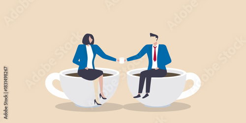Business people enjoying coffee break together sitting in large coffee cups