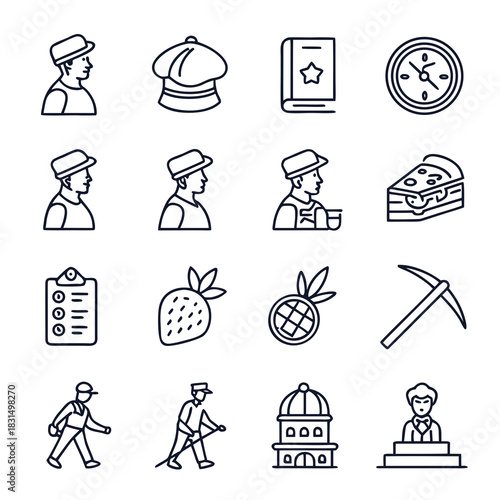 Collection of simple outline icons of people objects and symbols