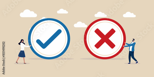 Man and woman choosing between correct and incorrect options