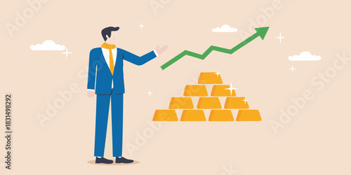 Businessman presenting a growing chart with gold bars and upward trend