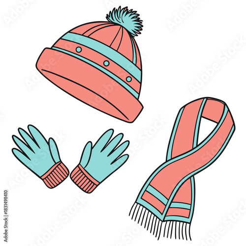 Coral and teal winter hat gloves and scarf winter clothing 1