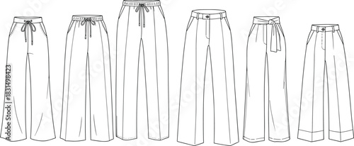 Women’s wide-leg pants technical flat fashion sketch, drawstring waist, belt, button closure, relaxed fit, casual trousers