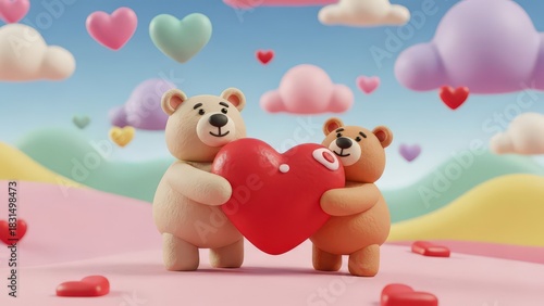 Cute teddy bears holding a heart in a whimsical landscape