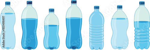 Collection of plastic water bottles with varying shapes and water levels isolated on concept of hydration and recycling