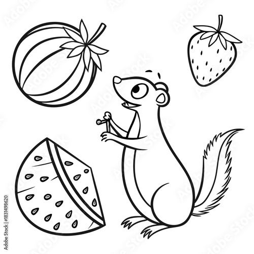 Cute cartoon squirrel with fruits vector illustration