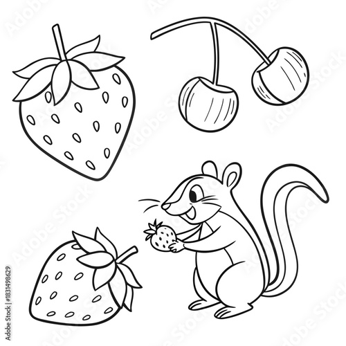 Cute chipmunk with strawberries and cherries doodle