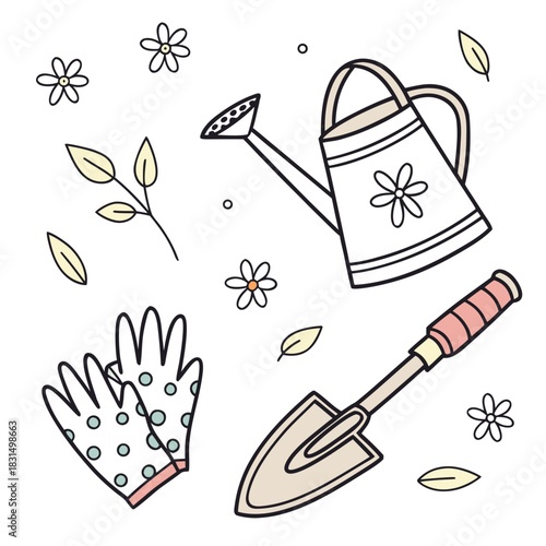 Cute gardening tools and flowers doodle set illustration