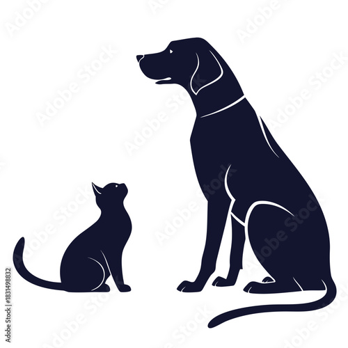 Dark blue cat and dog silhouettes facing each other
