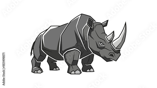 Stylized grey rhinoceros illustration with a prominent horn, standing on a white background, depicting strength and wildlife.