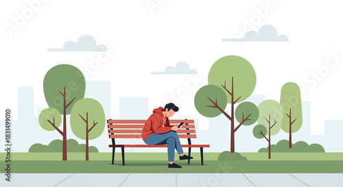 A young man sits alone on a park bench, completely absorbed by his smartphone, illustrating a modern concept of digital connection and social isolation