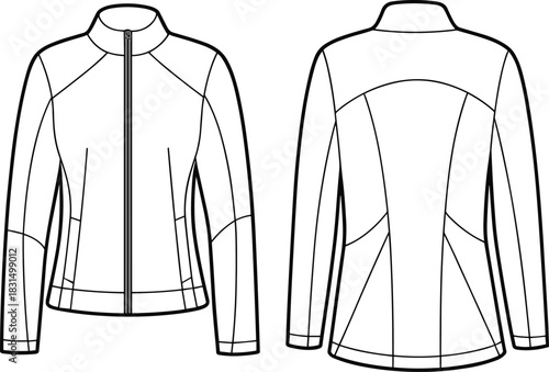 Women’s zip-up fitted jacket flat sketch, technical cad fashion drawing for outerwear or sportswear design, vector illustration template