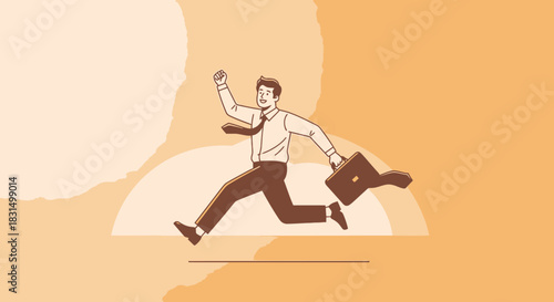 Animated Business Professional with Briefcase Leaping Forward in Exuberance