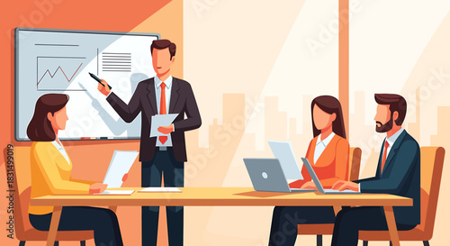 Corporate manager presenting a business strategy with data charts to the team during a conference meeting