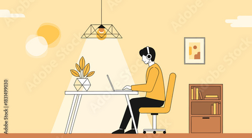 Remote Work Illustration Man Working at Home with Laptop, Headphones, and Cozy Interior