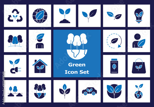 Flat Green Icon Set: Nature Conservation, Environmentally Friendly, Recycle, Ecosystem, Bio-Diversity, and Sustainable Living Glyph Icons.