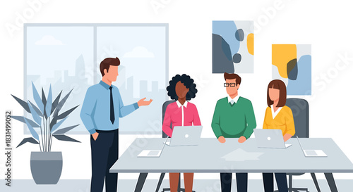 Diverse Team Meeting Collaborative Office Environment with Presentation and Laptop Use