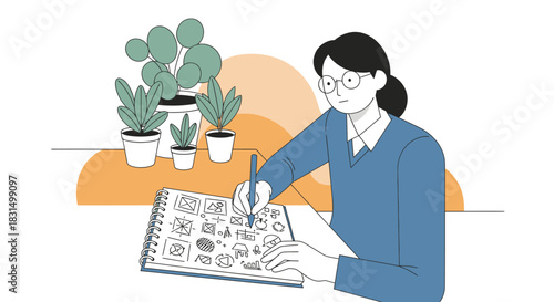 Illustration of a person sketching ideas in a notebook with plants in the background
