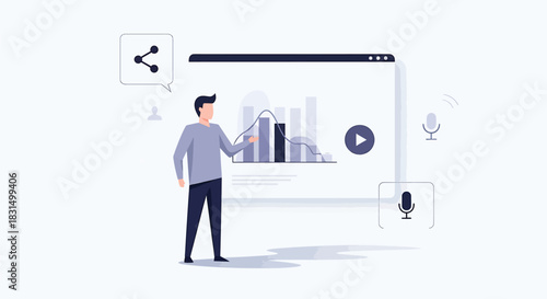 Data analysis and presentation A person interacting with graphs on a digital screen, sharing data