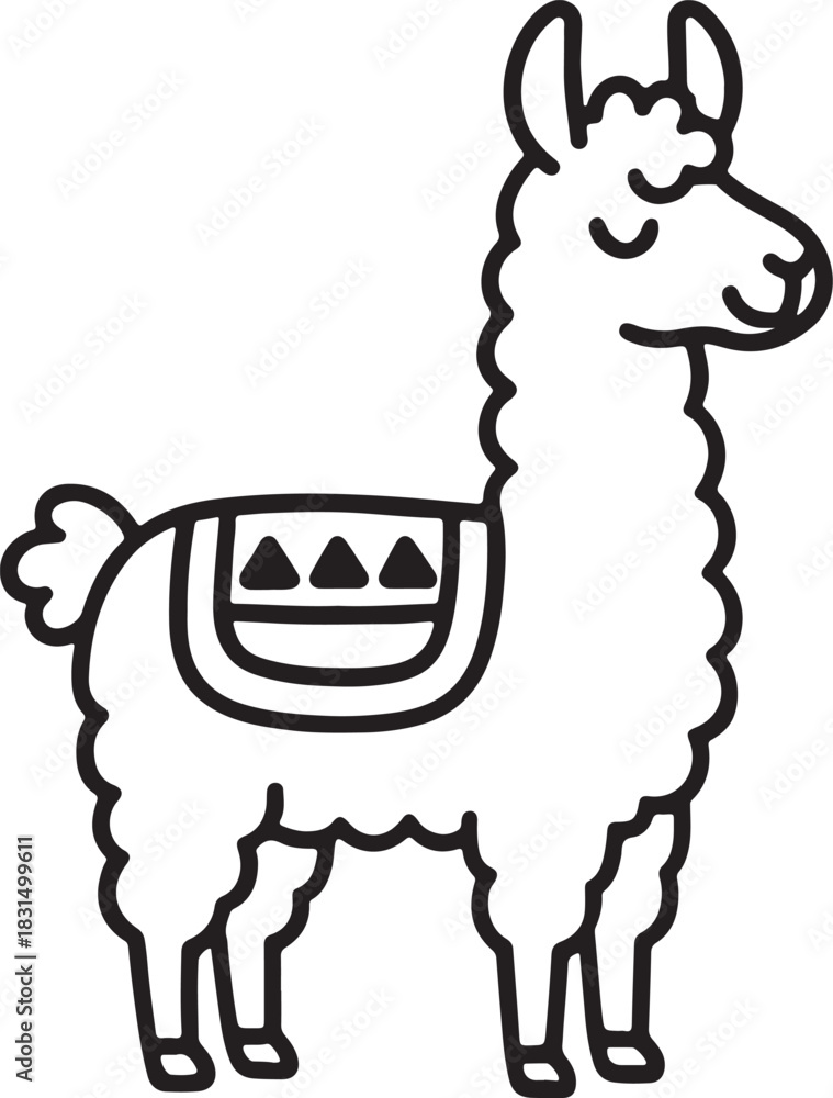 Naklejka premium Minimalist cartoon llama with geometric saddle blanket line art