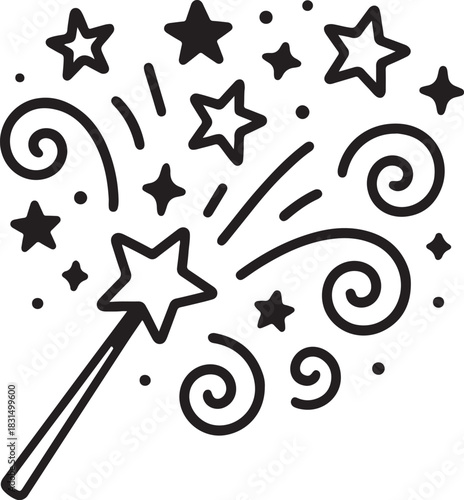 Magic wand with sparkling stars and whimsical swirls illustration