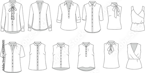 Women's blouse collection, fashion CAD drawing, technical flat sketch, various tops designs, vector illustration, garment template.