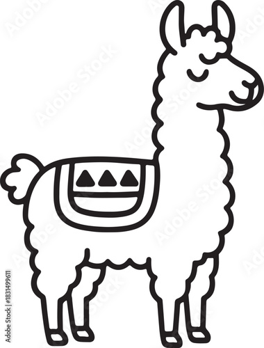 Minimalist cartoon llama with geometric saddle blanket line art