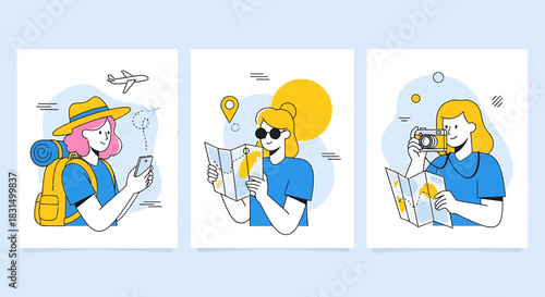 Dynamic illustrations depicting women engaging in travel planning and exciting adventures, from navigating with maps to capturing beautiful vacation memories