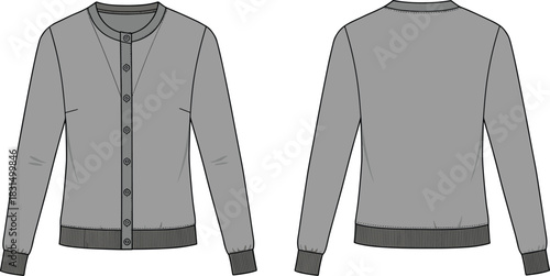 Women's button-up cardigan sweater fashion flat sketch, vector CAD drawing template, long sleeve knitwear design for apparel projects.