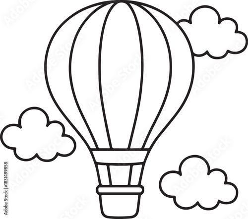Hot air balloon outline with clouds, kids coloring page design