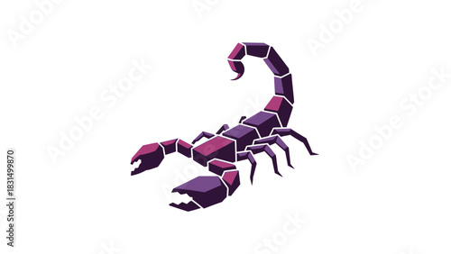 A stylized geometric purple scorpion with a raised tail, isolated on a plain white background.