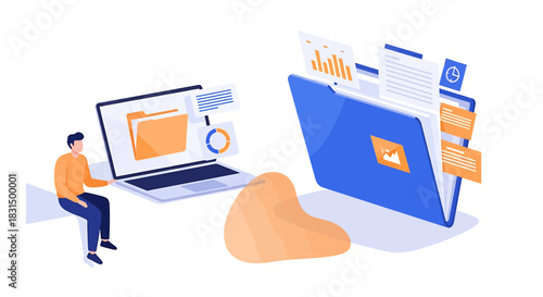 Data Management Person Analyzing File Transfer from Laptop to Cloud Folder
