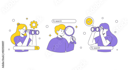 Diverse search team with binoculars and magnifying glass for online exploration, discovery