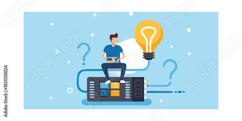 Man with idea bulb and question marks sitting on circuit board