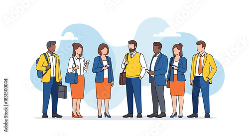 A modern flat vector illustration of a diverse group of business people standing together, representing a professional corporate team and community