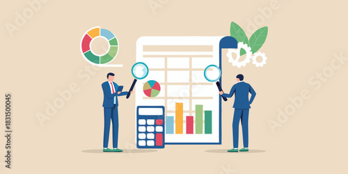 Business analysts reviewing financial data and charts with magnifying glasses