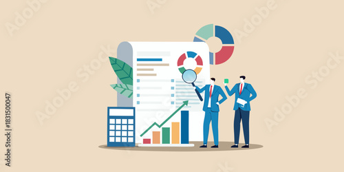 Businessmen analyzing financial data and charts