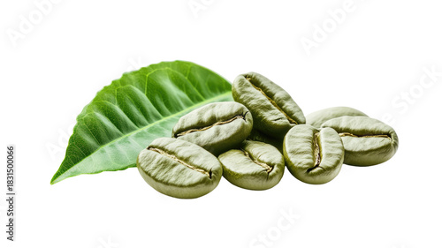 Green coffee beans raw and unroasted with natural pale green color ideal for food visuals ingredient references and agricultural illustrations isolated on white background