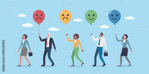 Diverse group of people holding balloons with different facial expressions