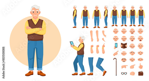 Character design sheet of a happy elderly man with various poses and facial expressions for animation or illustration