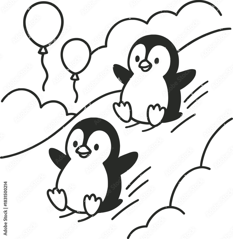 Obraz premium Cheerful cartoon penguins sliding down hill with balloons