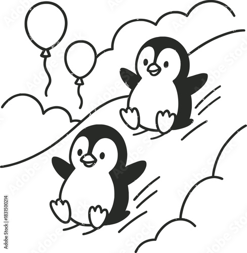 Cheerful cartoon penguins sliding down hill with balloons