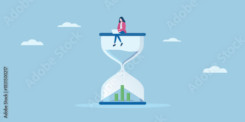 Woman on hourglass with laptop and financial growth bars