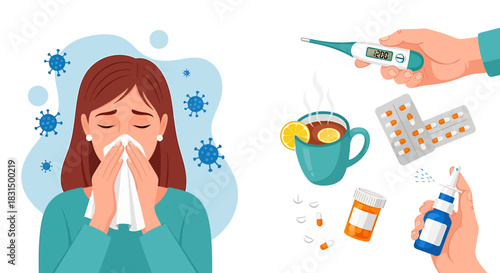 Seasonal Illness and Flu Symptoms Concept A woman suffering from a cold, sneezing into a tissue, accompanied by medical remedies like a thermometer, pills, nasal spray, and comforting hot tea
