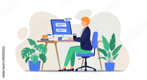 A diligent professional woman efficiently managing her tasks and engaging in online communication from a modern remote workspace at home