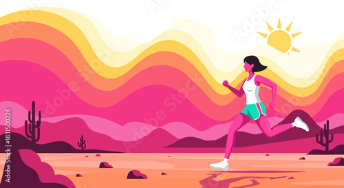 Woman running in a vibrant desert landscape with cacti and mountains, a stylized vector illustration of fitness and endurance