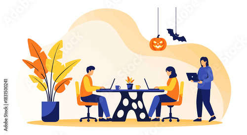 Office Halloween Team Working Together at Desks with Festive Decorations and Pumpkin
