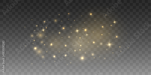 Soft glittering particles of gold dust spread smoothly in a radiant arc, illuminating the transparent background. Gentle sparkles drift through warm light. This glowing texture enriches any festive sc